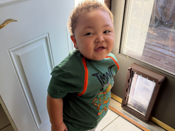 Child in a green TMNT shirt standing by a door and window indoors.