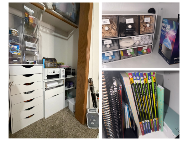 Collage showing an organized storage closet with drawers, office and craft supplies, labeled bins, notebooks, and colorful workbooks.